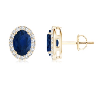 7x5mm AA Oval Blue Sapphire Studs with Diamond Halo in Yellow Gold