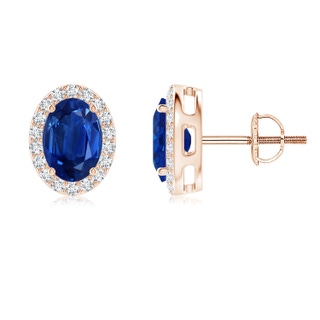 7x5mm AAA Oval Blue Sapphire Studs with Diamond Halo in 9K Rose Gold