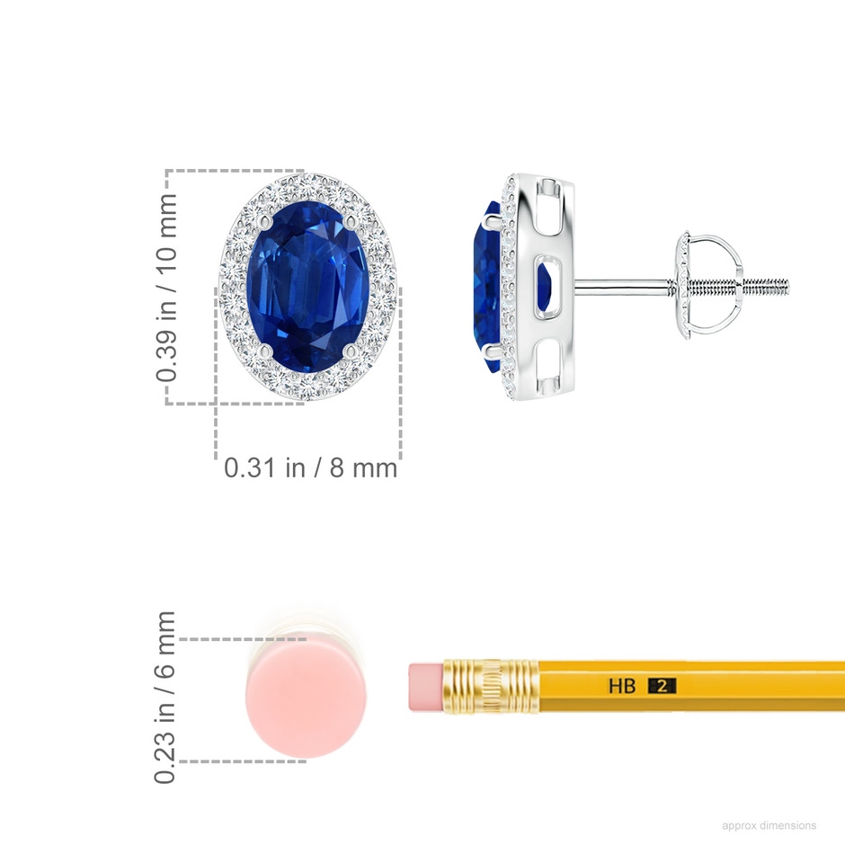 7x5mm AAA Prong-Set Oval Blue Sapphire Stud Earrings with Diamond Halo in P950 Platinum ruler