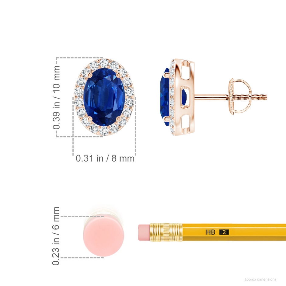 7x5mm AAA Oval Blue Sapphire Studs with Diamond Halo in Rose Gold ruler