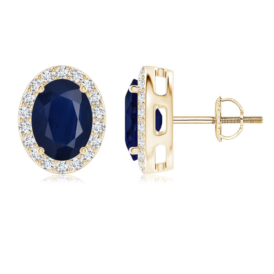 8x6mm A Prong-Set Oval Blue Sapphire Stud Earrings with Diamond Halo in Yellow Gold 