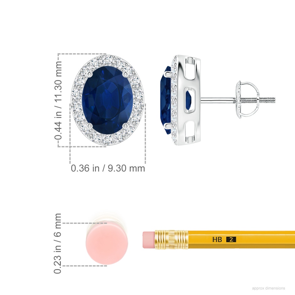 8x6mm AA Oval Blue Sapphire Studs with Diamond Halo in P950 Platinum ruler