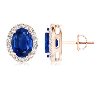 8x6mm AAA Prong-Set Oval Blue Sapphire Stud Earrings with Diamond Halo in 18K Rose Gold