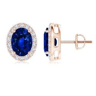8x6mm AAAA Oval Blue Sapphire Studs with Diamond Halo in 9K Rose Gold