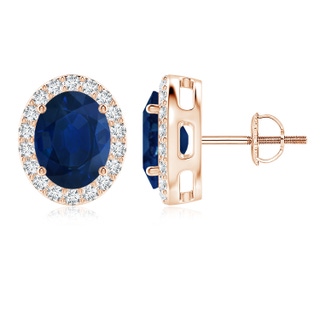 9x7mm AA Oval Blue Sapphire Studs with Diamond Halo in 9K Rose Gold