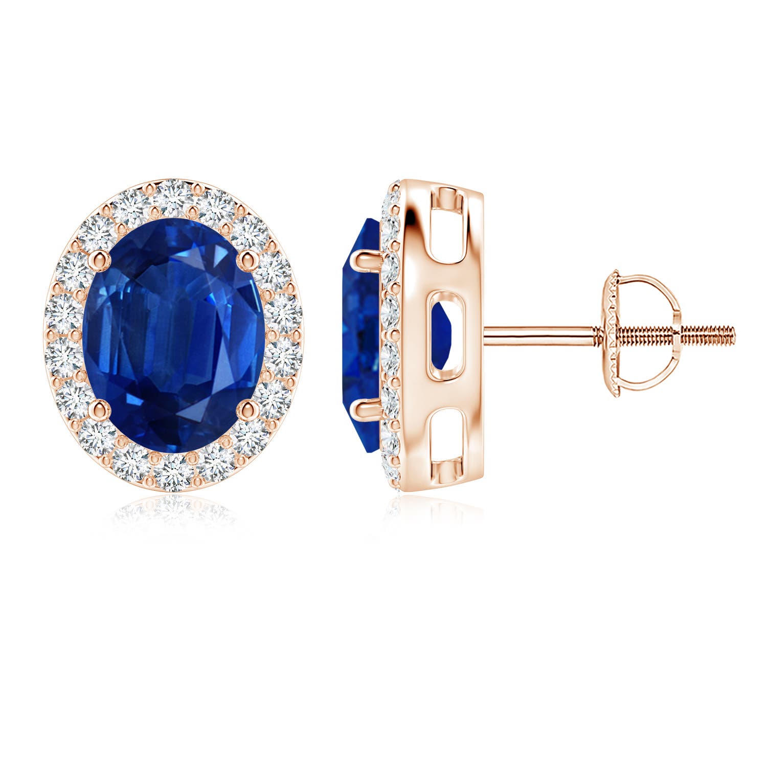 9x7mm AAA Prong-Set Oval Blue Sapphire Stud Earrings with Diamond Halo in 18K Rose Gold