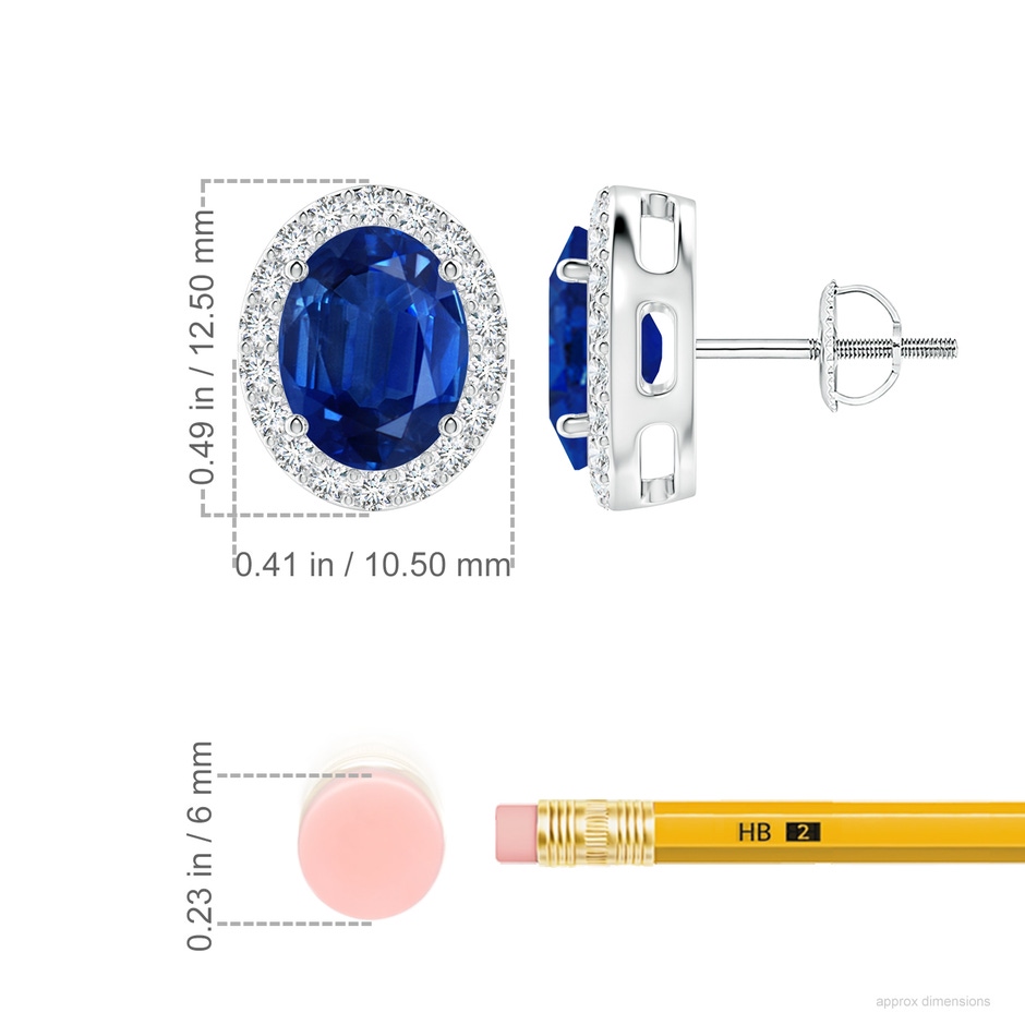 9x7mm AAA Prong-Set Oval Blue Sapphire Stud Earrings with Diamond Halo in White Gold ruler
