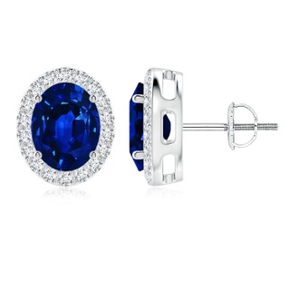 9x7mm AAAA Oval Blue Sapphire Studs with Diamond Halo in 9K White Gold