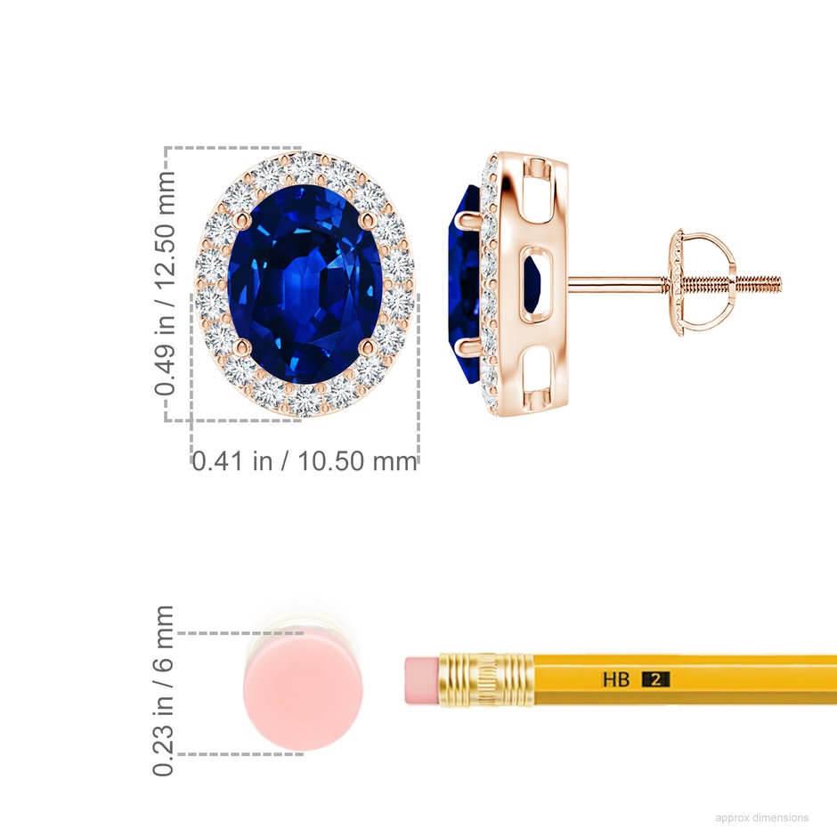 9x7mm AAAA Oval Blue Sapphire Studs with Diamond Halo in Rose Gold ruler