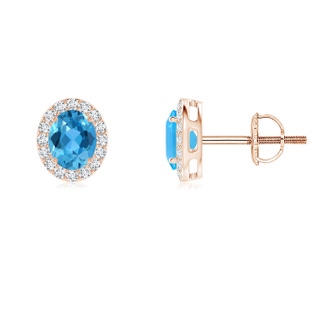 5x4mm AAA Oval Swiss Blue Topaz Studs with Diamond Halo in Rose Gold