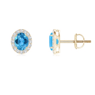 5x4mm AAA Oval Swiss Blue Topaz Studs with Diamond Halo in Yellow Gold