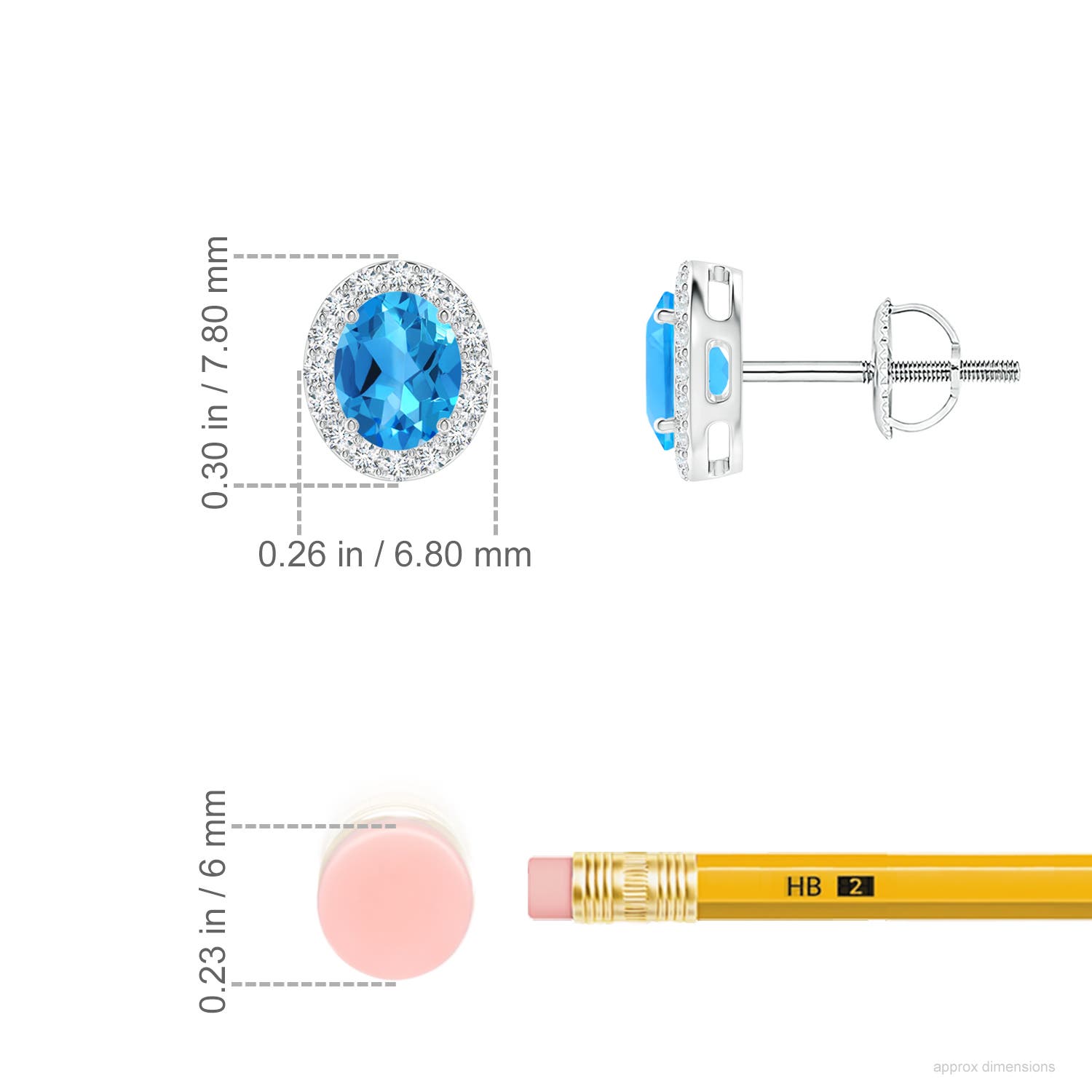 5x4mm AAAA Prong-Set Oval Swiss Blue Topaz Stud Earrings with Diamond Halo in 18K White Gold - ruler