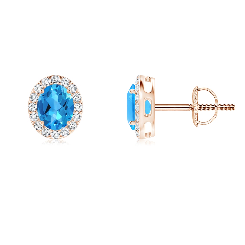 5x4mm AAAA Oval Swiss Blue Topaz Studs with Diamond Halo in Rose Gold