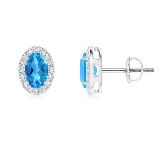 6x4mm AAAA Oval Swiss Blue Topaz Studs with Diamond Halo in P950 Platinum