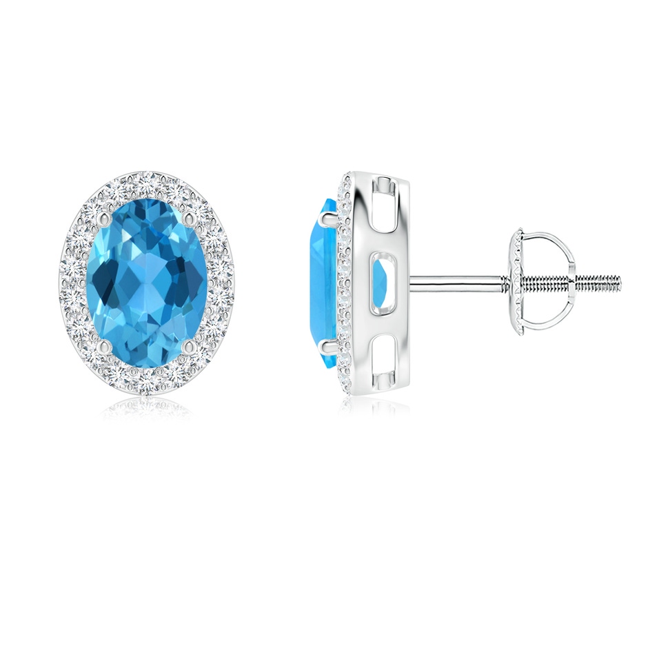 7x5mm AAA Oval Swiss Blue Topaz Studs with Diamond Halo in White Gold 