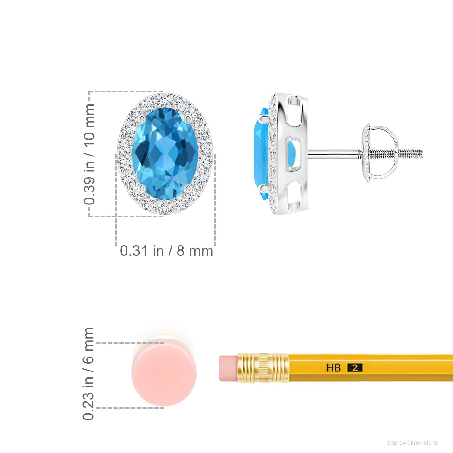 7x5mm AAA Prong-Set Oval Swiss Blue Topaz Stud Earrings with Diamond Halo in White Gold - ruler