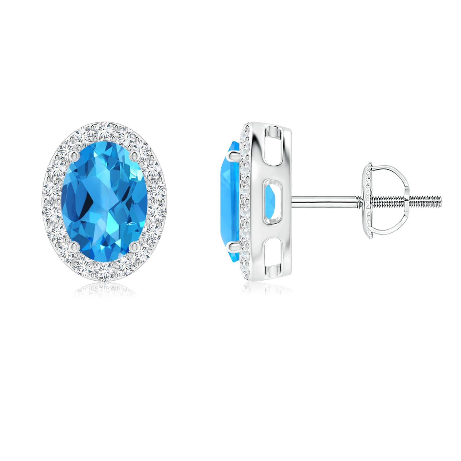 7x5mm AAAA Prong-Set Oval Swiss Blue Topaz Stud Earrings with Diamond Halo in P950 Platinum