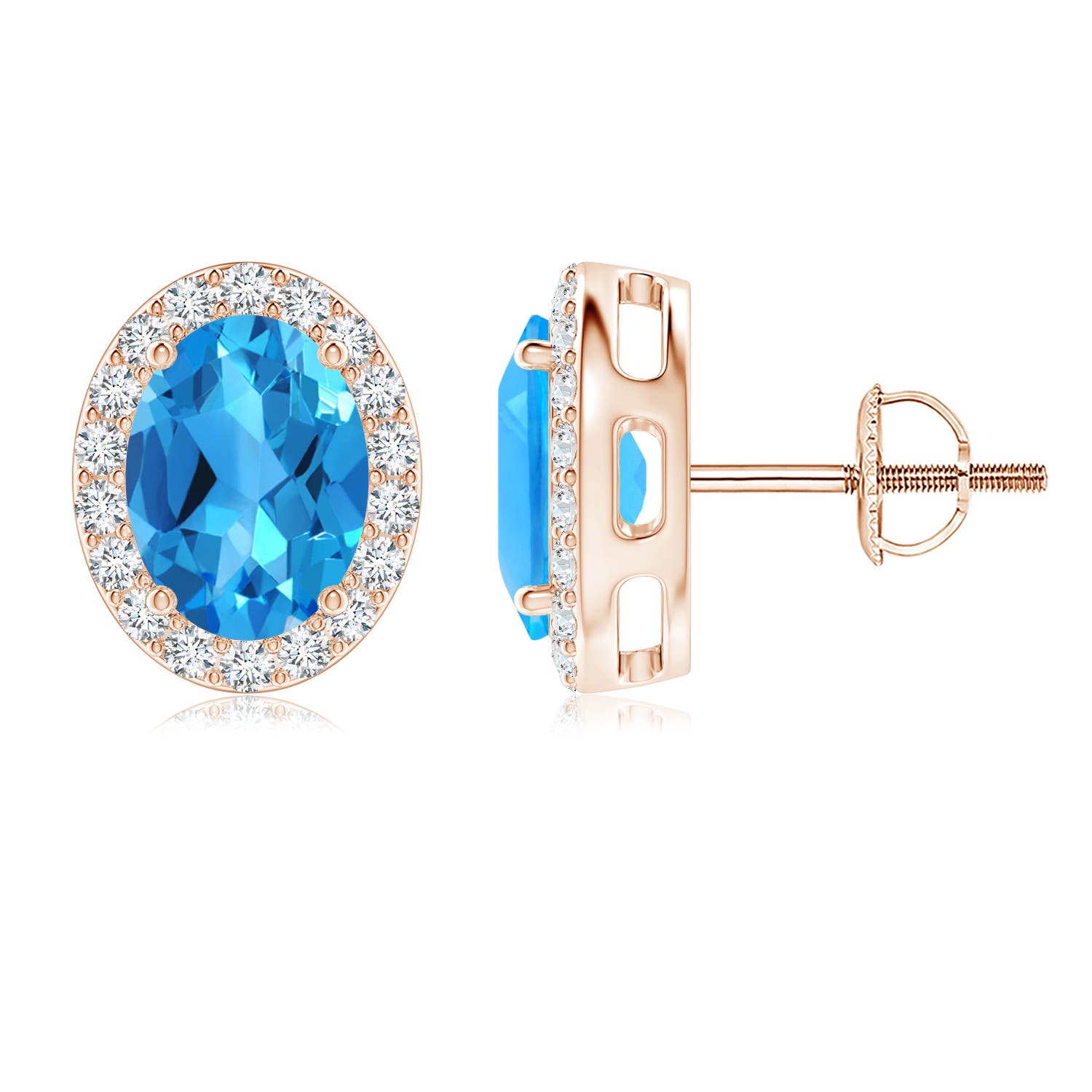 8x6mm AAAA Prong-Set Oval Swiss Blue Topaz Stud Earrings with Diamond Halo in 18K Rose Gold