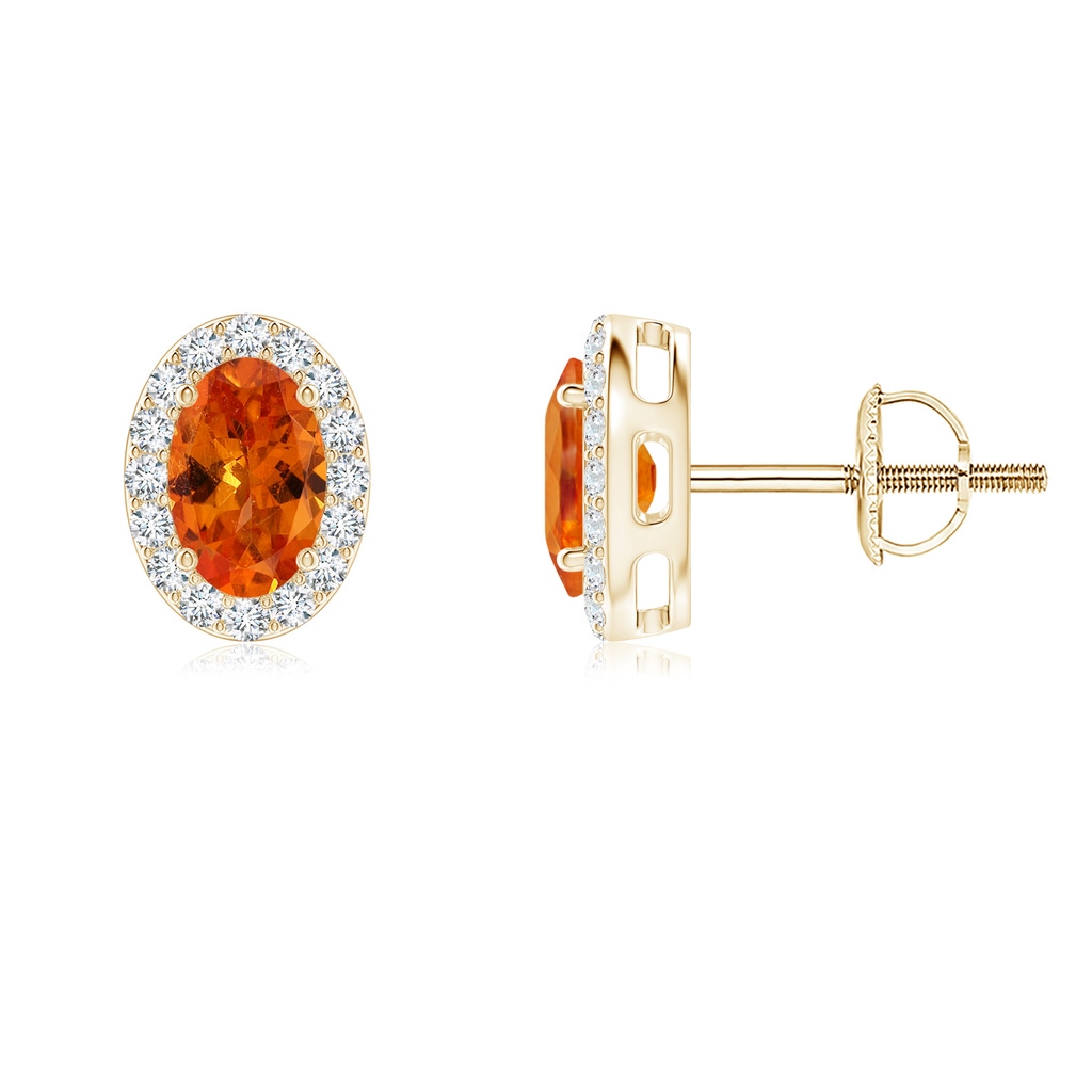 6x4mm AAA Oval Spessartite Studs with Diamond Halo in Yellow Gold