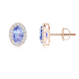 6x4mm AA Prong-Set Oval Tanzanite Stud Earrings with Diamond Halo in Rose Gold
