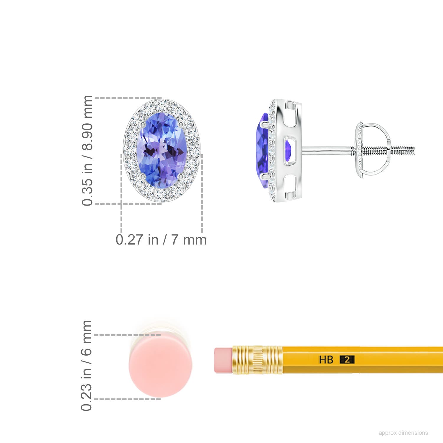 6x4mm AAA Prong-Set Oval Tanzanite Stud Earrings with Diamond Halo in White Gold - ruler