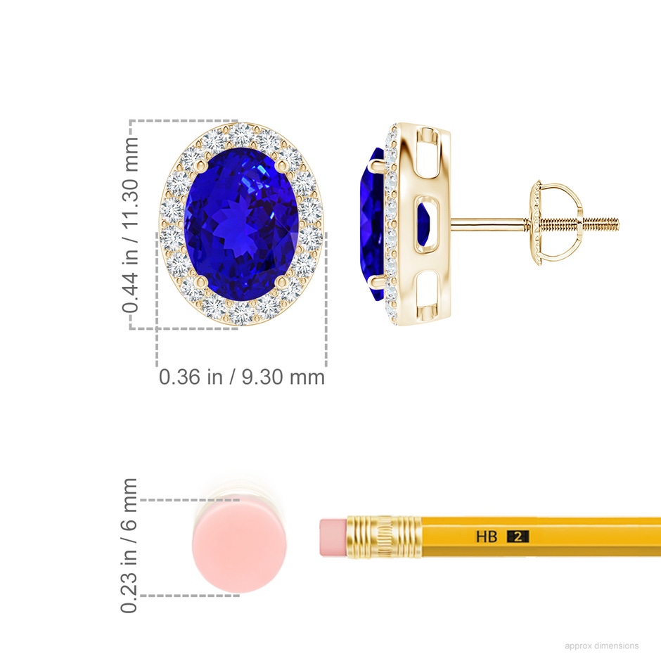 8x6mm AAAA Prong-Set Oval Tanzanite Stud Earrings with Diamond Halo in 18K Yellow Gold ruler