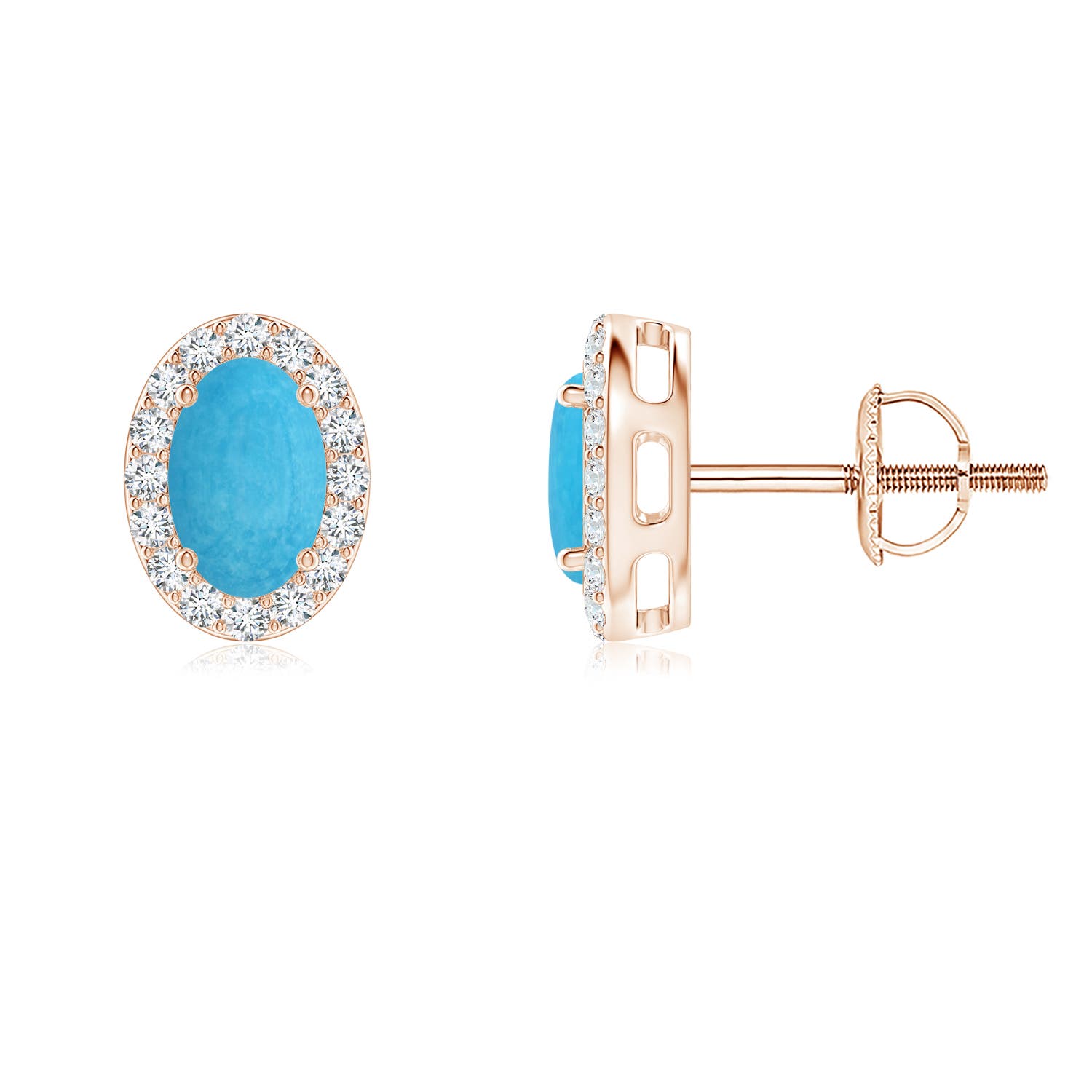 6x4mm A Prong-Set Oval Turquoise Stud Earrings with Diamond Halo in Rose Gold