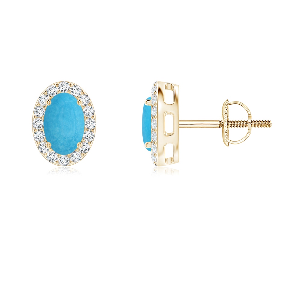 6x4mm A Prong-Set Oval Turquoise Stud Earrings with Diamond Halo in Yellow Gold 