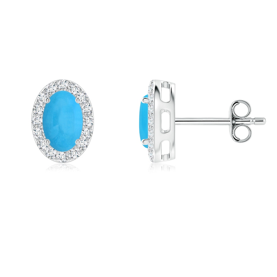 6x4mm AAA Prong-Set Oval Turquoise Stud Earrings with Diamond Halo in S999 Silver 
