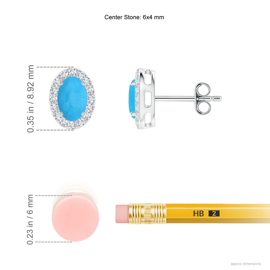6x4mm AAA Prong-Set Oval Turquoise Stud Earrings with Diamond Halo in S999 Silver ruler
