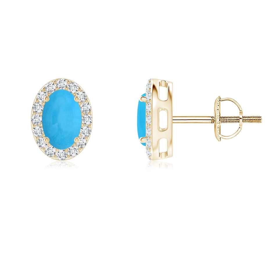 6x4mm AAA Oval Turquoise Studs with Diamond Halo in Yellow Gold 