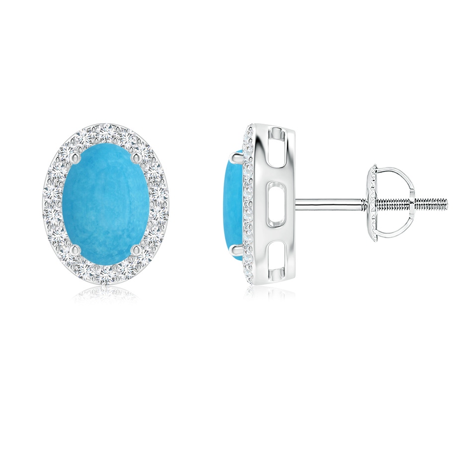 7x5mm A Prong-Set Oval Turquoise Stud Earrings with Diamond Halo in 18K White Gold 