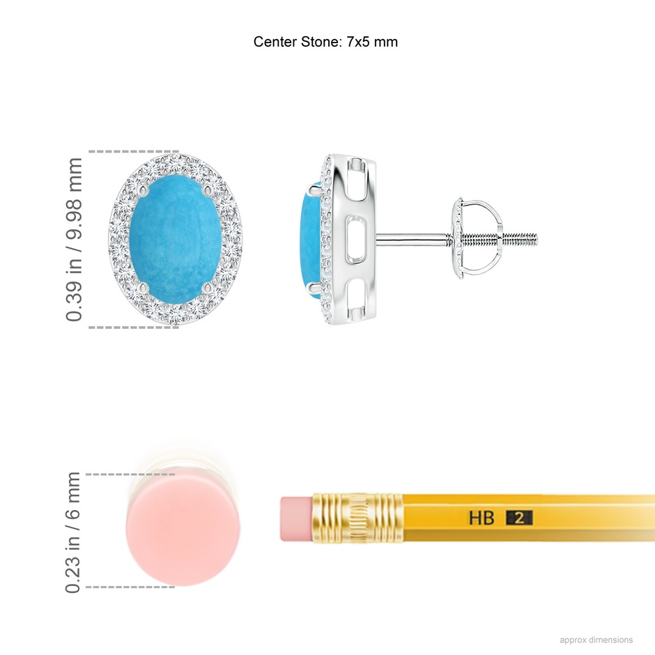 7x5mm A Prong-Set Oval Turquoise Stud Earrings with Diamond Halo in 18K White Gold ruler
