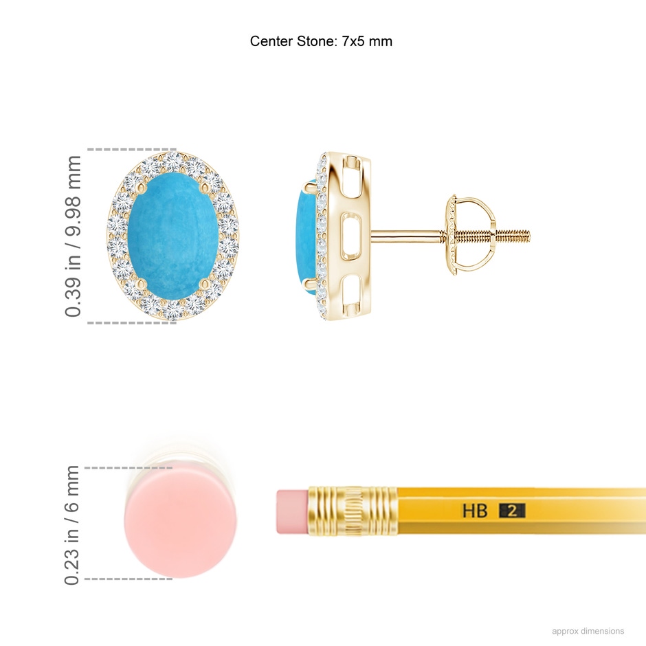 7x5mm A Prong-Set Oval Turquoise Stud Earrings with Diamond Halo in Yellow Gold ruler