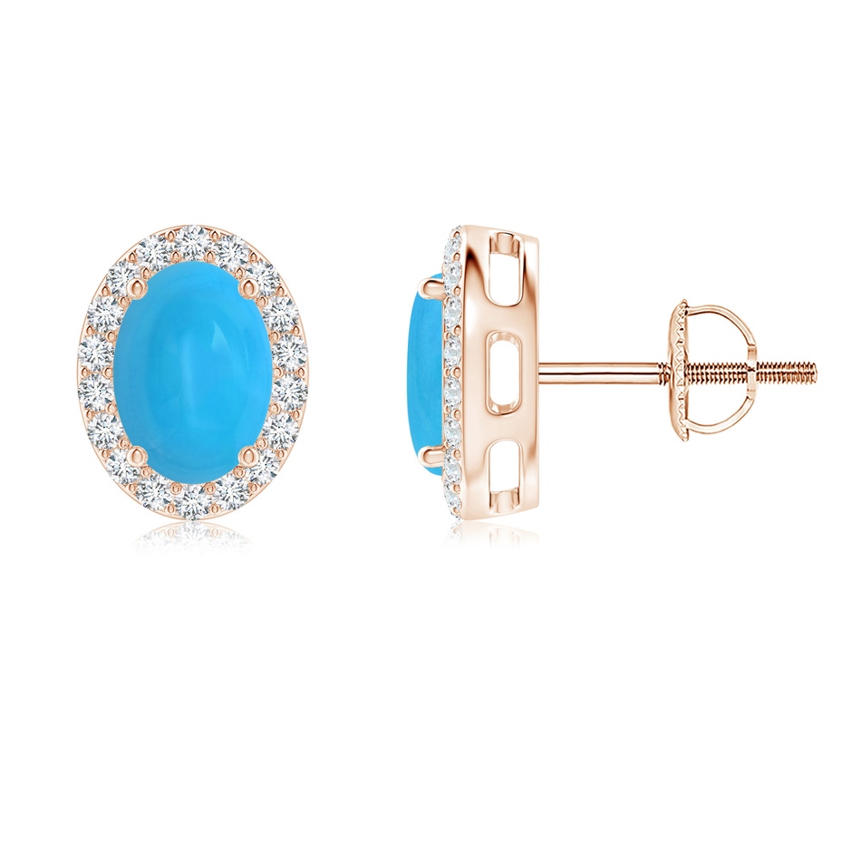 7x5mm AAAA Prong-Set Oval Turquoise Stud Earrings with Diamond Halo in Rose Gold 