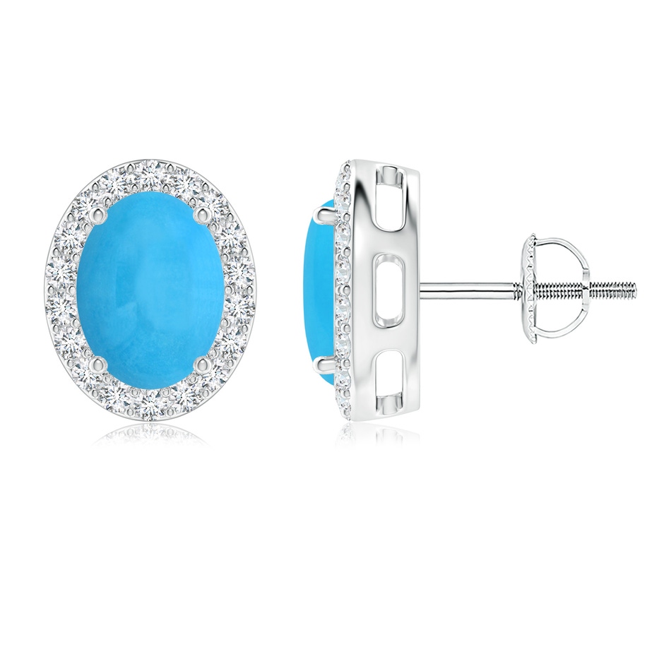 8x6mm AAA Oval Turquoise Studs with Diamond Halo in White Gold 