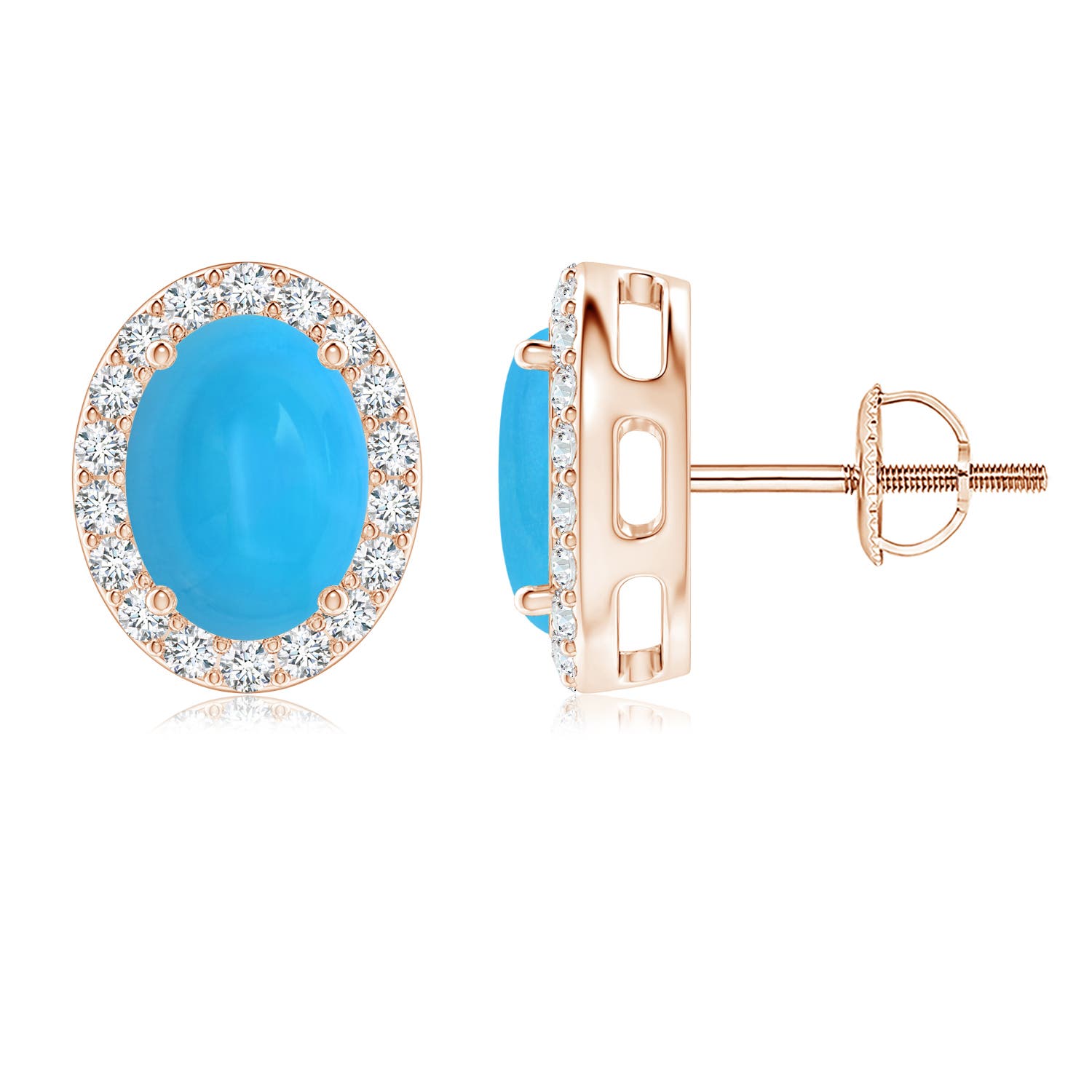 8x6mm AAAA Prong-Set Oval Turquoise Stud Earrings with Diamond Halo in 18K Rose Gold