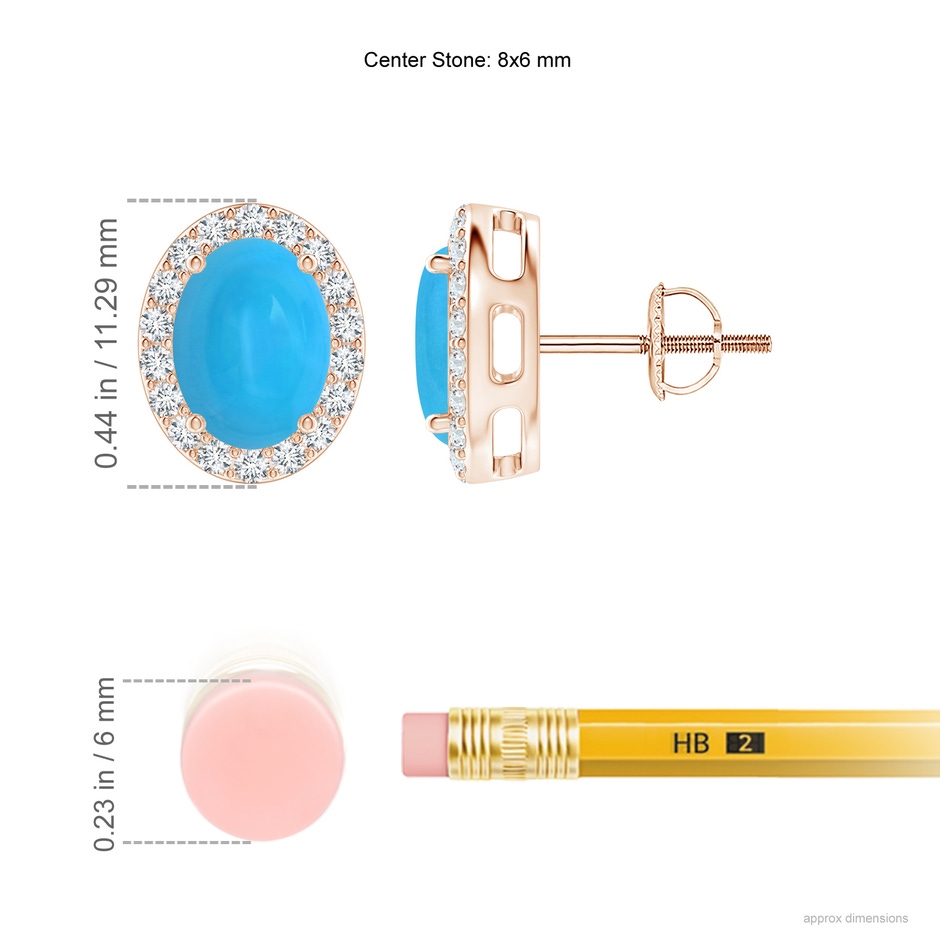 8x6mm AAAA Prong-Set Oval Turquoise Stud Earrings with Diamond Halo in Rose Gold ruler