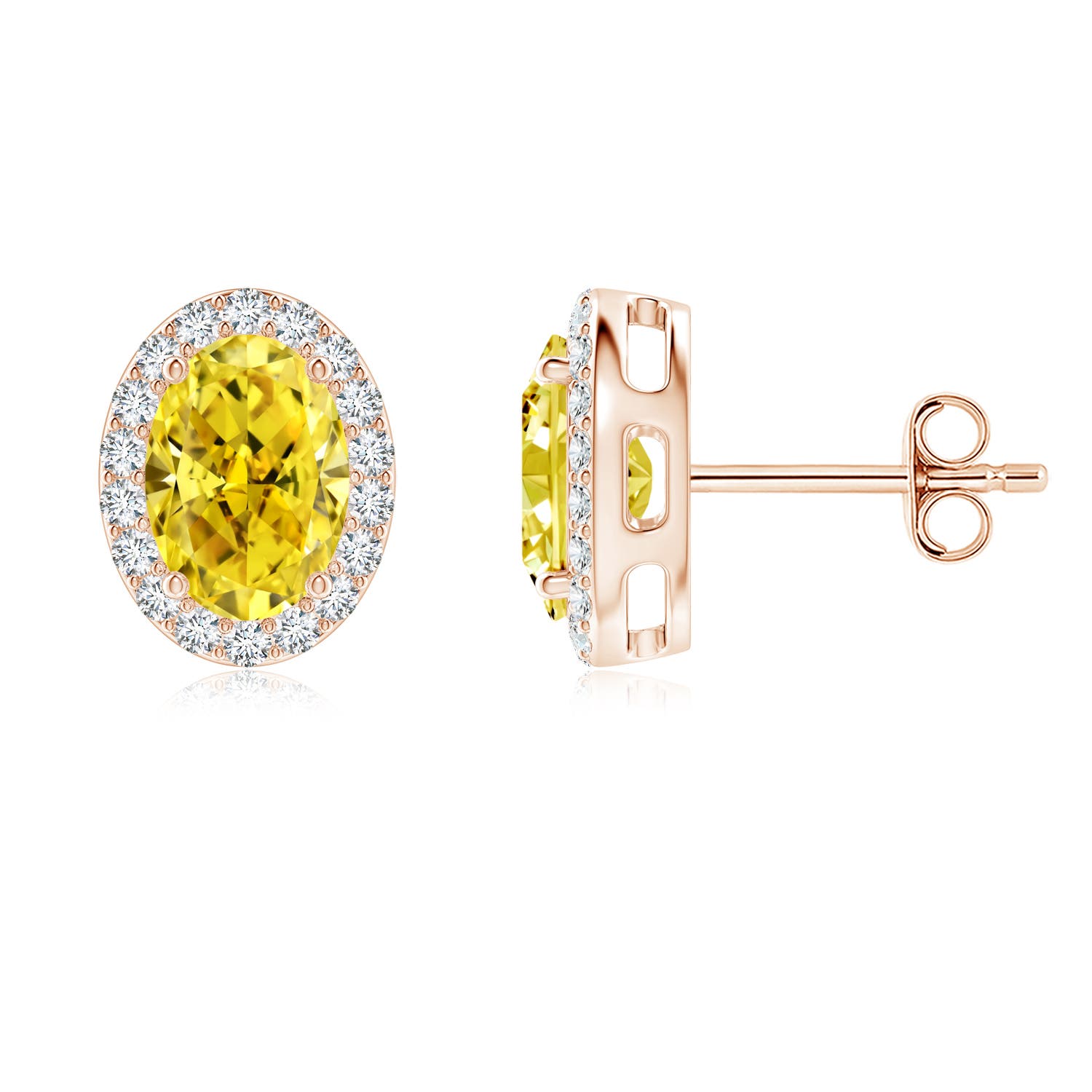 Angara 1.84 CTW Prong-Set Oval Fancy Intense Yellow Diamond Stud Earrings with Halo in 14K Rose Gold