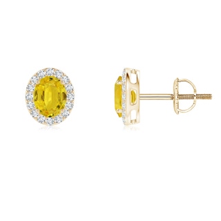 5x4mm AAA Oval Yellow Sapphire Studs with Diamond Halo in Yellow Gold