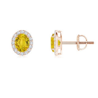 5x4mm AAAA Oval Yellow Sapphire Studs with Diamond Halo in 9K Rose Gold