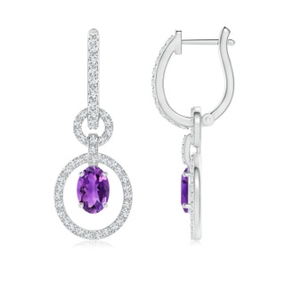 6x4mm AAA Floating Oval Amethyst Dangle Hoop Earrings with Diamonds in White Gold