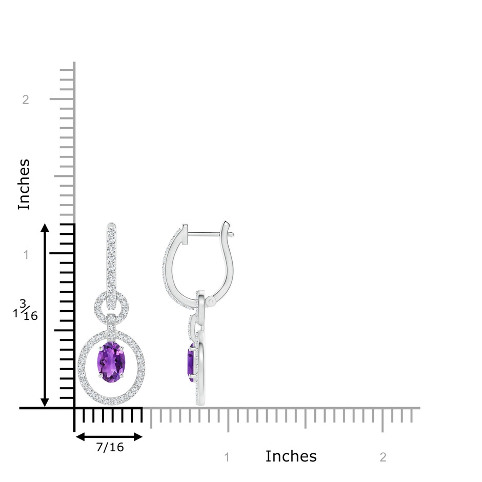 6x4mm AAA Floating Oval Amethyst Dangle Hoop Earrings with Diamonds in White Gold Ruler