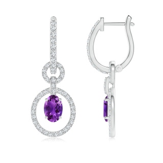 6x4mm AAAA Floating Oval Amethyst Dangle Hoop Earrings with Diamonds in P950 Platinum