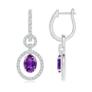 7x5mm AAAA Floating Oval Amethyst Dangle Hoop Earrings with Diamonds in P950 Platinum