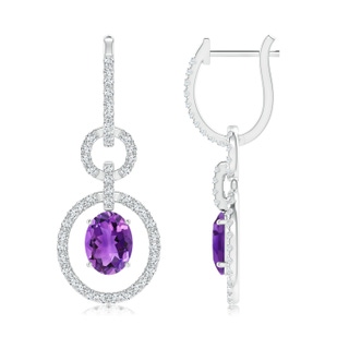 8x6mm AAA Floating Oval Amethyst Dangle Hoop Earrings with Diamonds in P950 Platinum