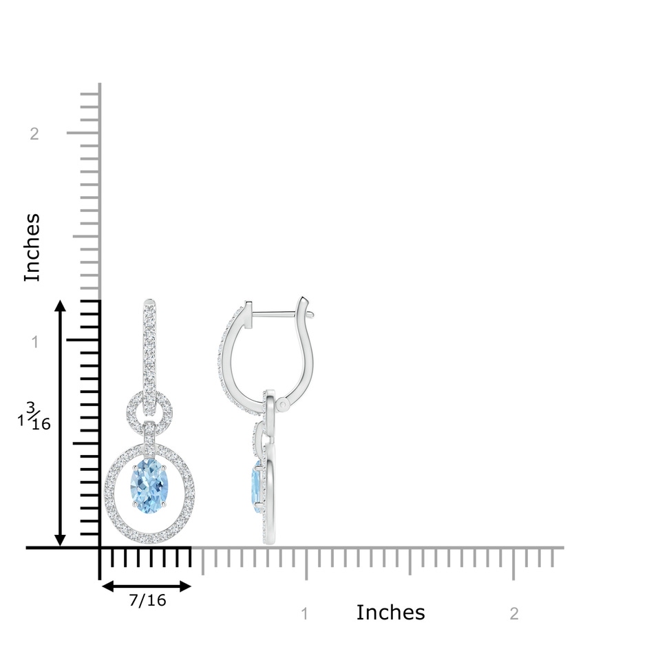 6x4mm AAA Floating Oval Aquamarine Dangle Hoop Earrings with Diamonds in White Gold ruler