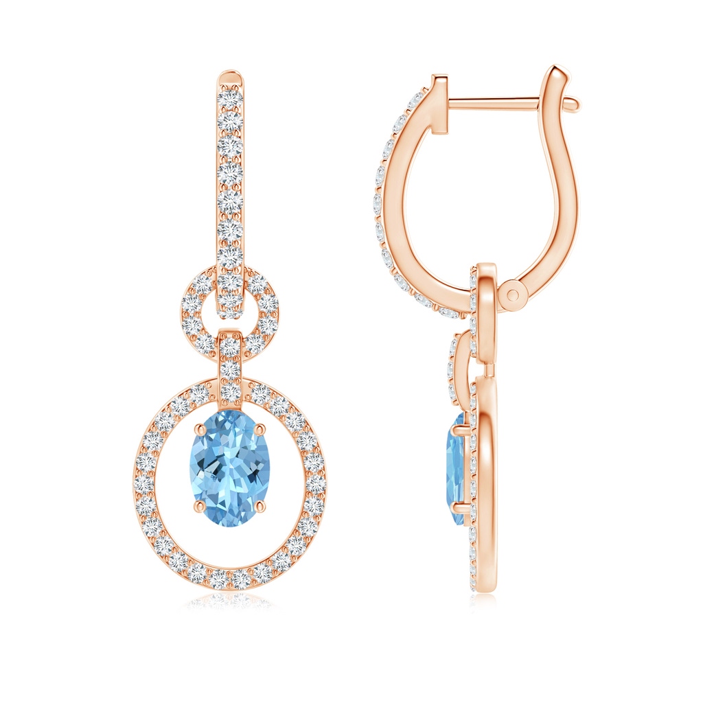 6x4mm AAAA Floating Oval Aquamarine Dangle Hoop Earrings with Diamonds in Rose Gold