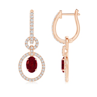 6x4mm AAA Floating Oval Garnet Dangle Hoop Earrings with Diamonds in 10K Rose Gold