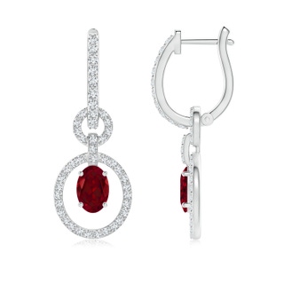 6x4mm AAA Floating Oval Garnet Dangle Hoop Earrings with Diamonds in White Gold